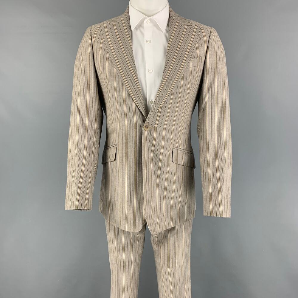 D&G by DOLCE & GABBANA 36 Khaki Navy Stripe Polyester Blend Notch Lapel Suit